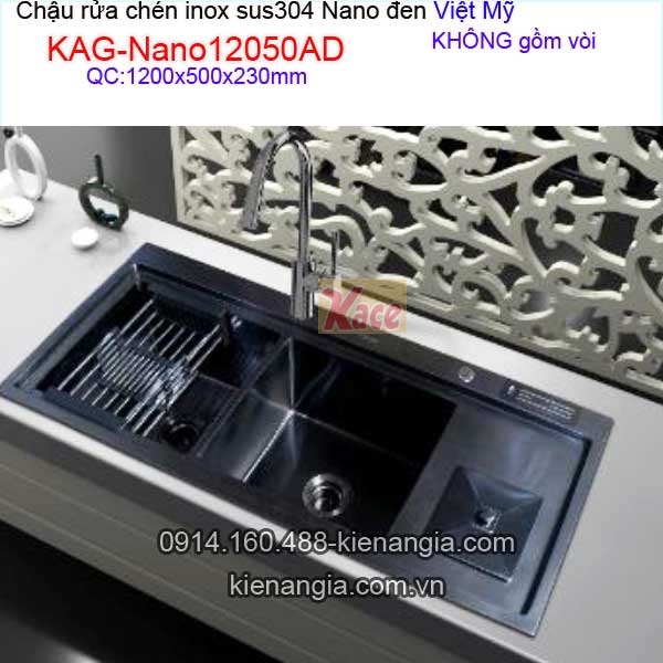 Chậu rửa chén inox sus304 Nano đen 2 hộc 120x50 x23cm Việt Mỹ KAG-Nano12050AD
