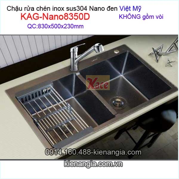Chậu rửa chén inox sus304 Nano đen 2 hộc 83x50 x23cm Việt Mỹ KAG-Nano8350D