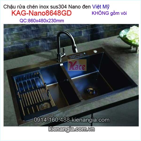 Chậu rửa chén inox sus304 Nano đen 2 hộc 86x48 x23cm Việt Mỹ KAG-Nano8648GD