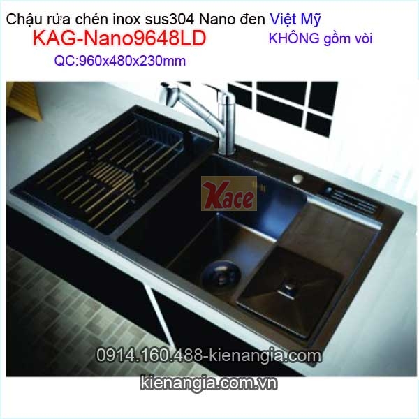 Chậu rửa chén inox sus304 Nano đen 2 hộc 96x48 x23cm Việt Mỹ KAG-Nano9648LD