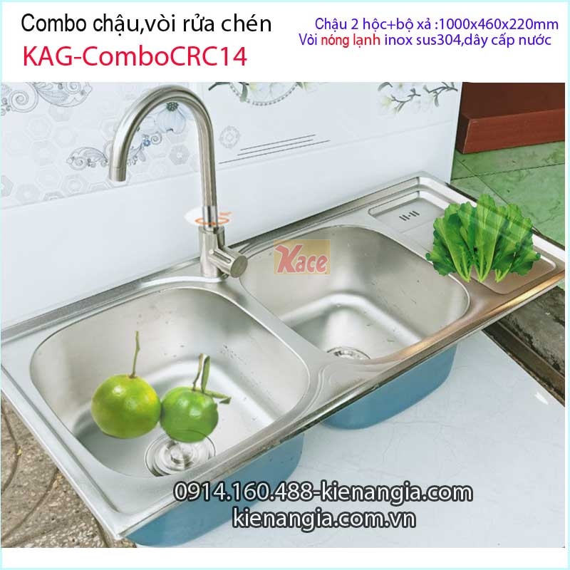 Combo chậu 2 hộc 100x46 cm vòi nóng lạnh sus304 KAG-ComboCRC14
