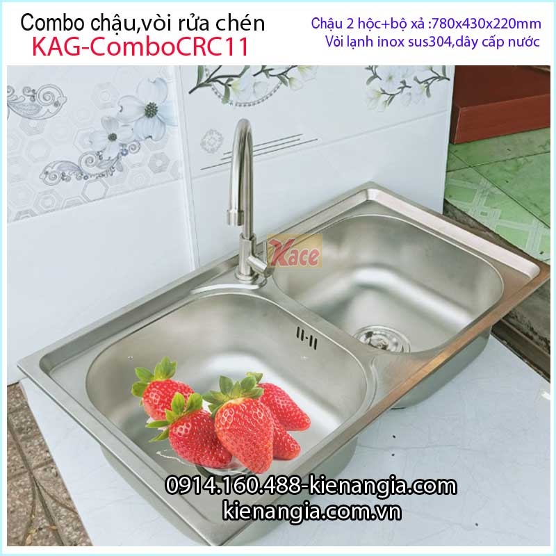 Combo chậu 2 hộc 78x43 cm vòi lạnh inox304 KAG-ComboCRC11