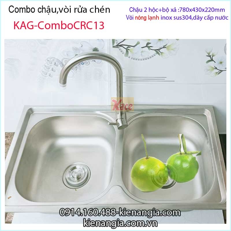 Combo chậu 2 hộc 78x43 cm vòi nóng lạnh inox 304 KAG-ComboCRC13