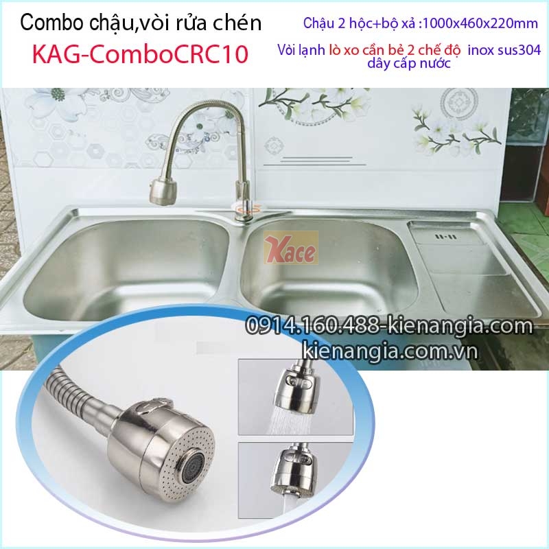 Combo chậu 2 hộc100x46 cm và vòi lò xo inox 304 KAG-ComboCRC10