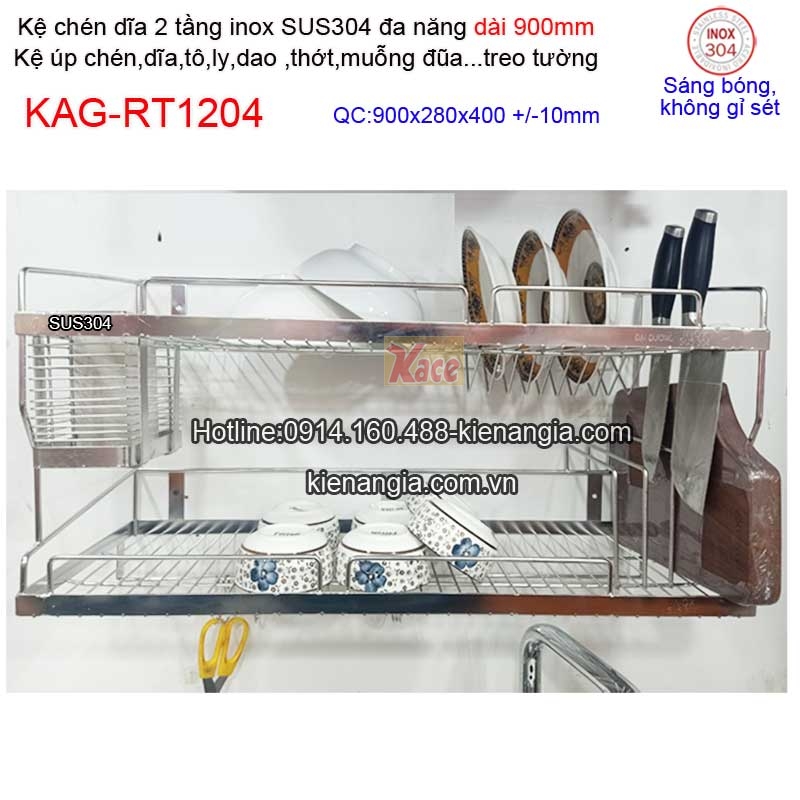 Kệ 2 tầng chén dĩa đa năng 5 trong 1 dài 900 sus304 KAG-RT1204