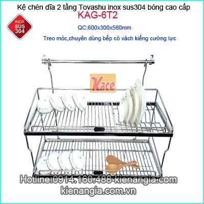 Kệ chén bát 60cm sus 304 2 tầng treo Tovashu KAG-6T2