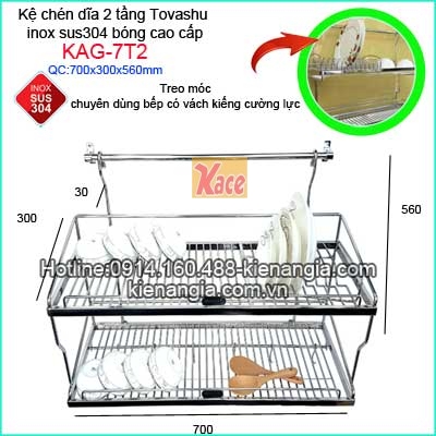 Kệ chén bát 70cm sus 304 2 tầng treo Tovashu KAG-7T2