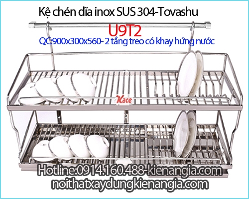 Kệ chén bát 90cm có khay hứng nước inox 304 2 tầng treo Tovashu U9T2