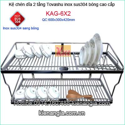 Kệ chén bát inox 304 2 tầng 60cm Tovashu KAG-6X2
