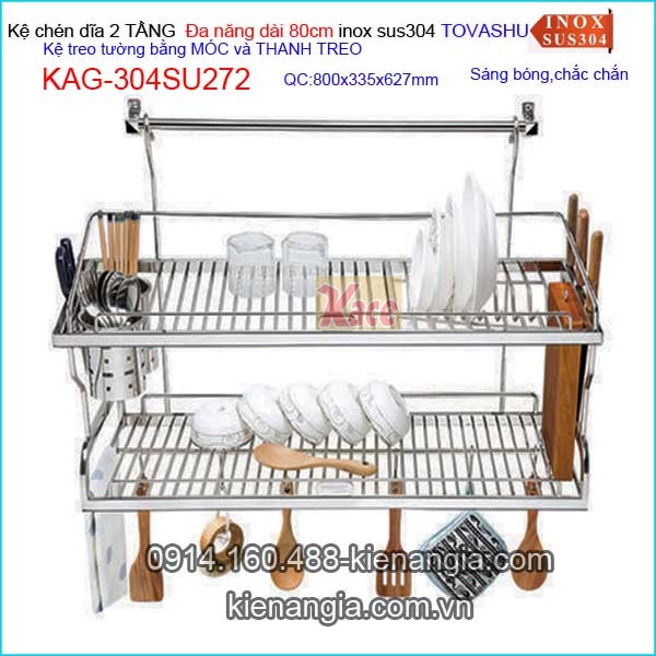 Kệ chén đa năng 2 tầng tủ bếp ốp kính Tovashu sus304 80cm KAG-304SU272