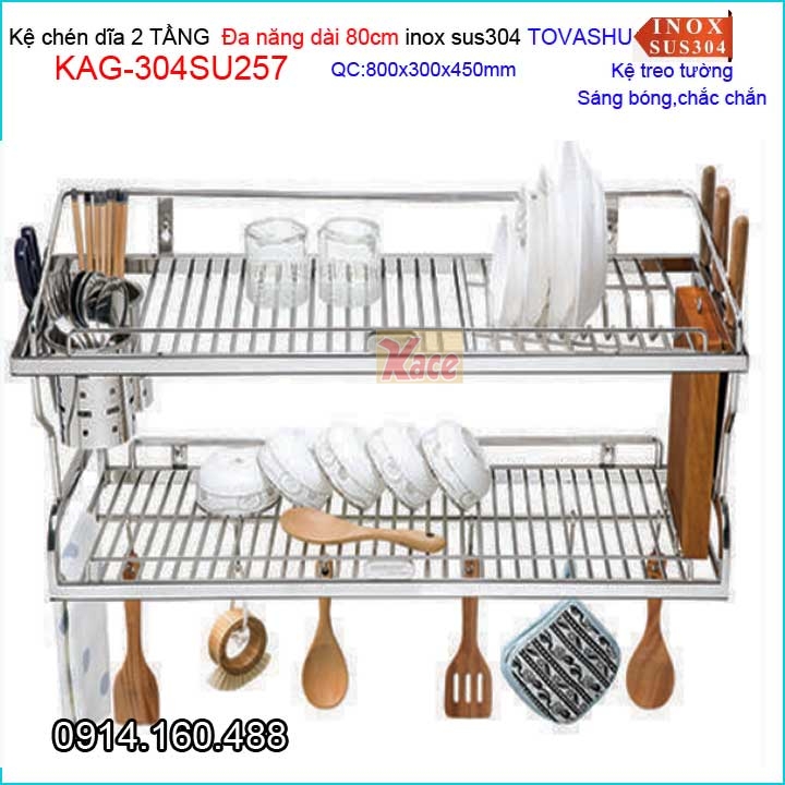 Kệ chén dao thớt ống đũa 2 tầng Tovashu sus304 80cm KAG-304SU257
