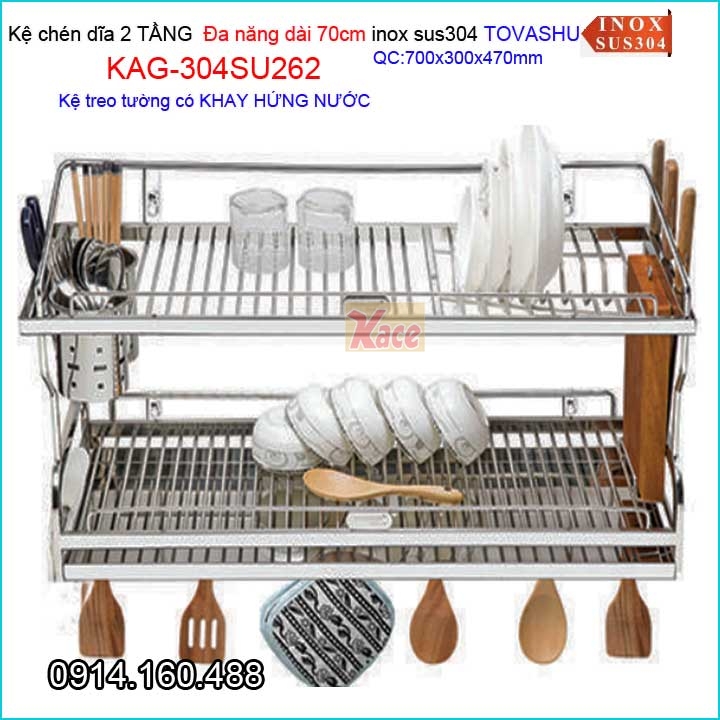 Kệ chén dao thớt ống đũa có khay 2 tầng Tovashu 70cm KAG-304SU262