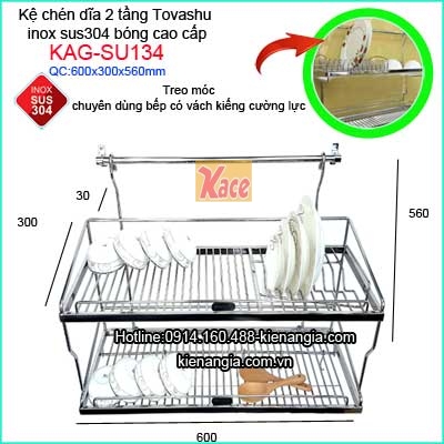 Kệ chén dĩa 2 tầng inox cao cấp dài 60cm Tovashu KAG-SU134