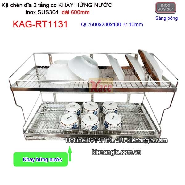 Kệ chén dĩa có khay hứng nước inox sus304 2 tầng dài 6 tấc KAG-RT1131
