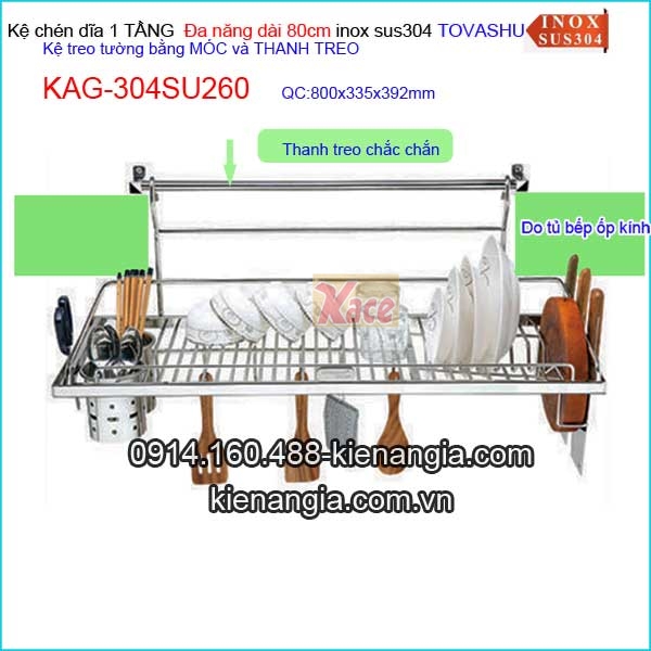Kệ chén Tovashu 1 tầng đa năng móc treo tủ bếp kính cường lực 80cm KAG-304SU260