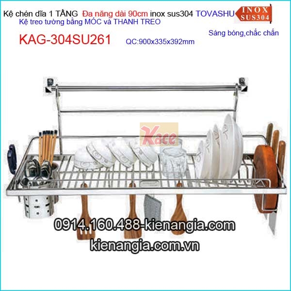 Kệ chén Tovashu 1 tầng đa năng móc treo tủ bếp kính cường lực 90cm KAG-304SU261