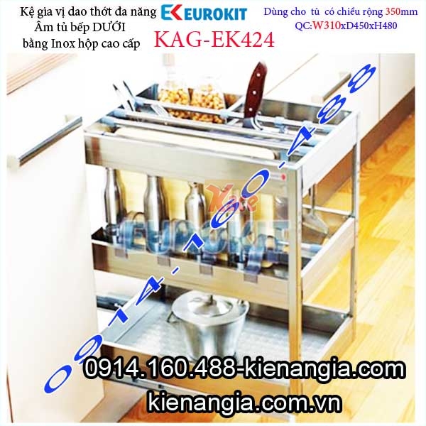 Kệ gia vị inox hộp âm tủ 35cm EUROKITS KAG-EK424, khuyến mãi phí lắp đặt TPHCM
