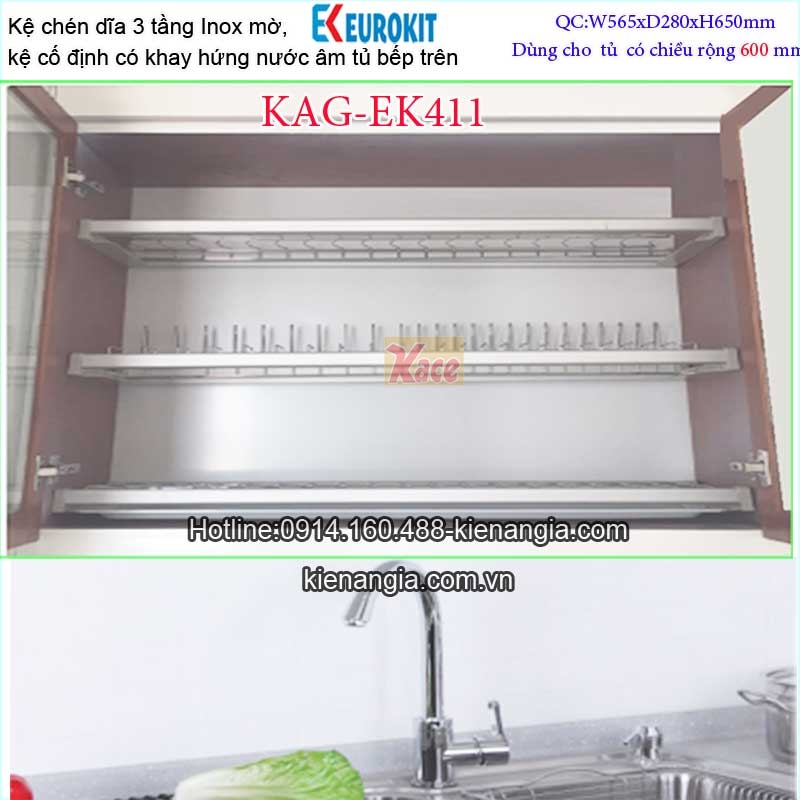 Kệ inox mờ 3 tầng chén bát âm tủ 600 EUROKIT-KAG-EK411