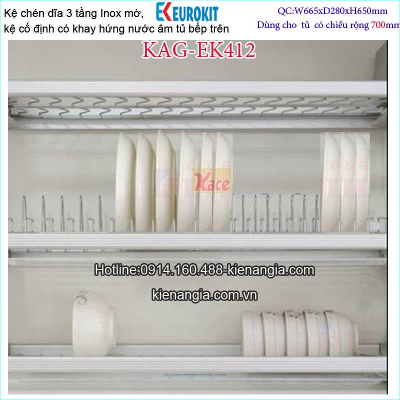 Kệ inox mờ 3 tầng chén bát âm tủ 700 EUROKIT-KAG-EK412