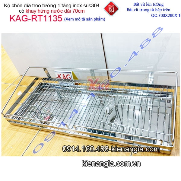 Kệ ráo chén dĩa 1 tầng có khay hứng nước inox sus304 dài 7 tấc KAG-RT1135