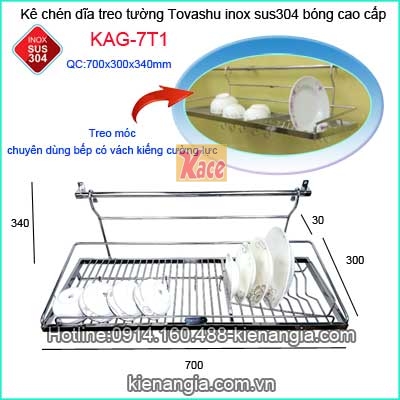 Kệ úp chén 70cm bát treo 1 tầng inox Tovashu KAG-7T1