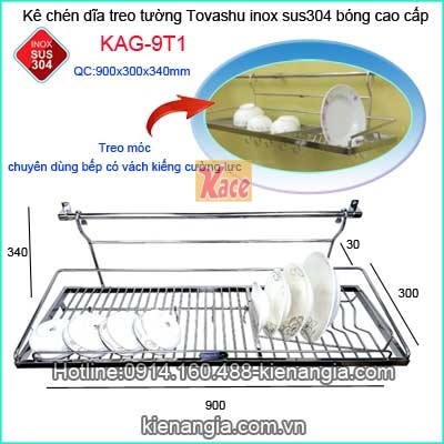 Kệ úp chén bát 90cm treo 1 tầng inox Tovashu KAG-9T1