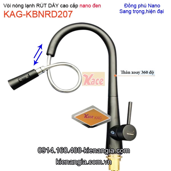 Vòi chậu rửa Nano đen RÚT DÂY nóng lạnh KAG-KBNRD207