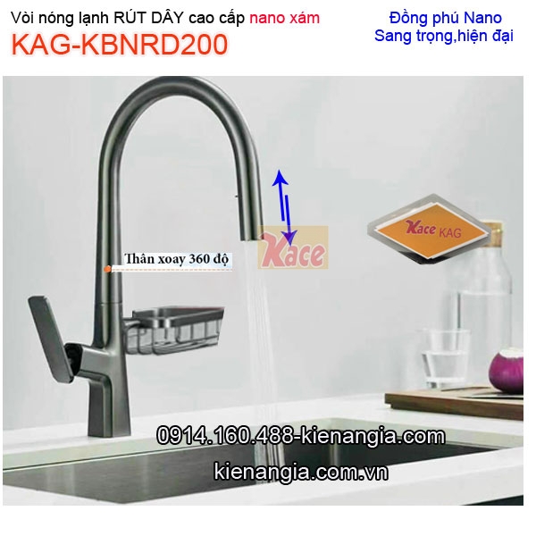 Vòi chậu rửa Nano xám RÚT DÂY nóng lạnh KAG-KBNRD200