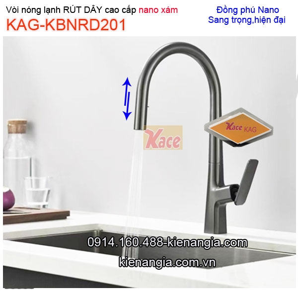 Vòi chậu rửa Nano xám RÚT DÂY nóng lạnh KAG-KBNRD201