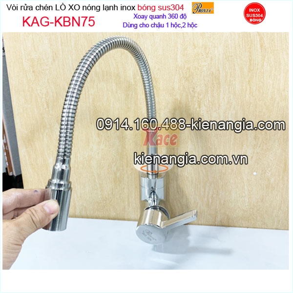 Vòi rửa chén inox bóng sus304 Proxia lò xo nóng lạnh KAG-KBN75