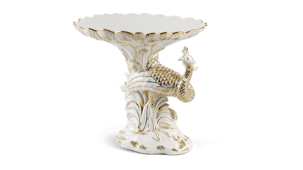 Tô trái cây Khổng Tước (dáng đứng - bên trái) - Vẽ tay - Trắng - Trang Trí Vàng