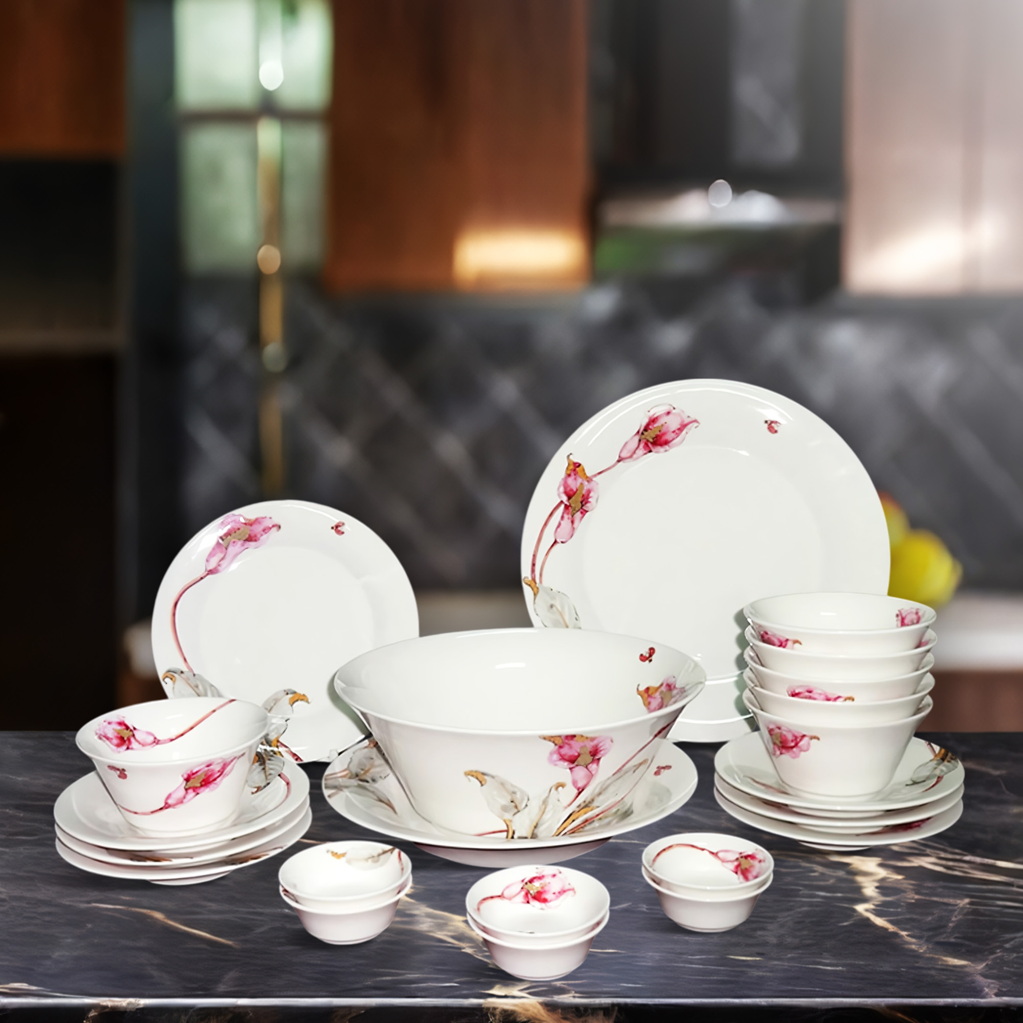 Bộ đồ ăn 22 sản phẩm Tulip ngà Loa Kèn Hồng