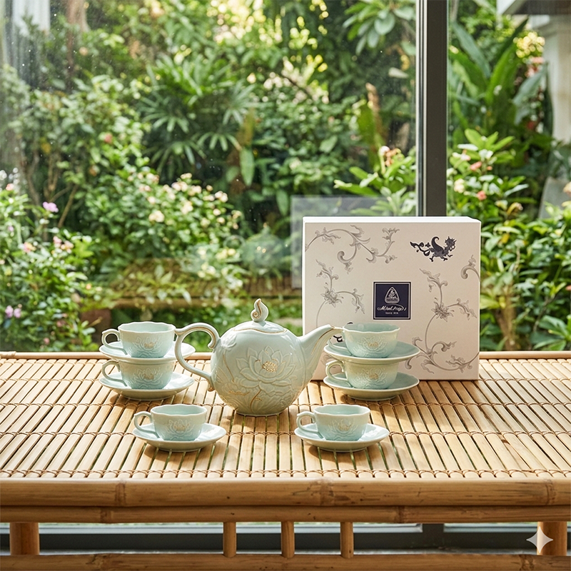 Bộ trà 0.7 L - Sen - Men Ngọc Sương Mờ (Trang Trí Vàng)