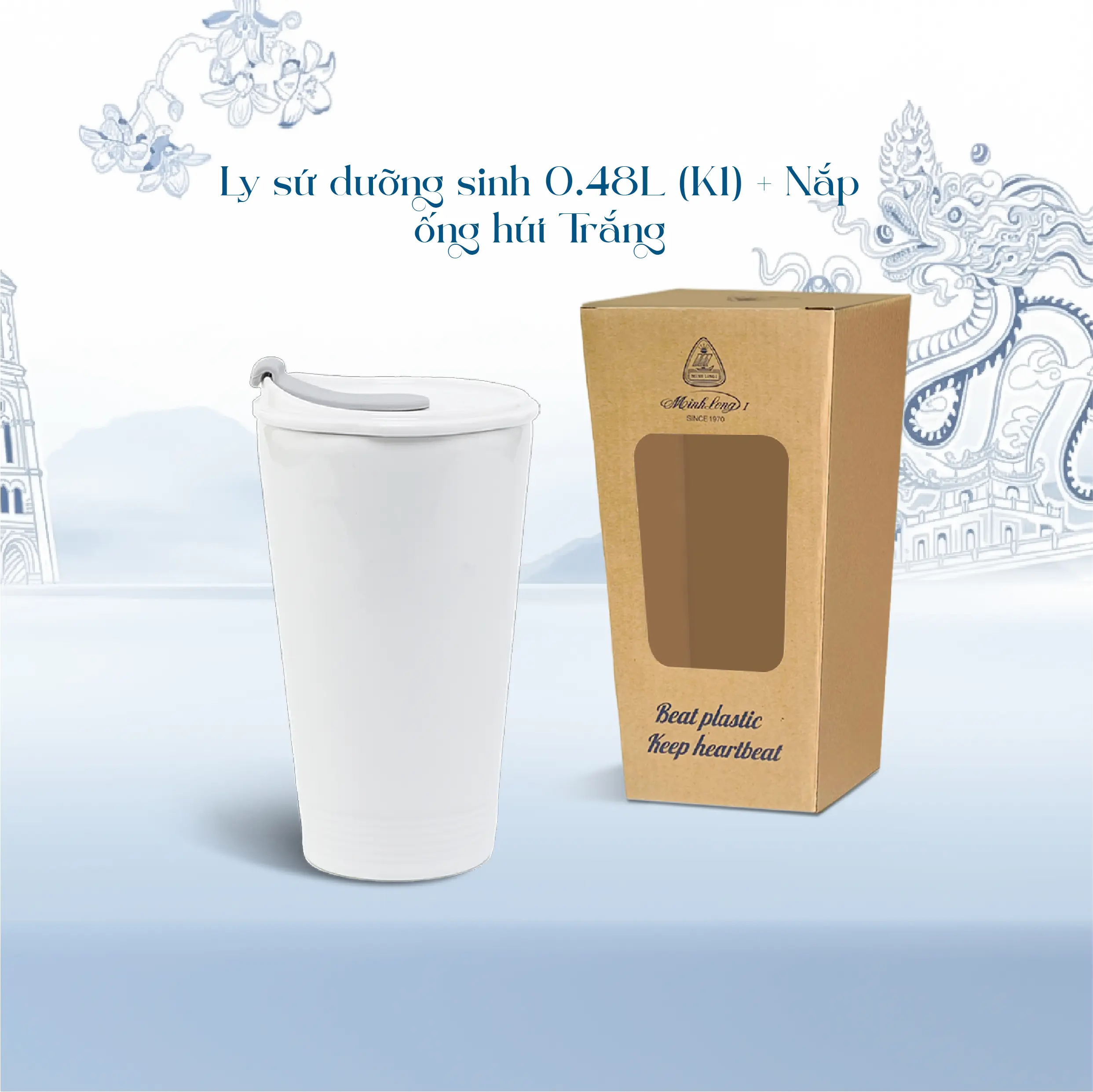 Ly sứ dưỡng sinh 0.48L (K1) + Nắp ống hút Trắng