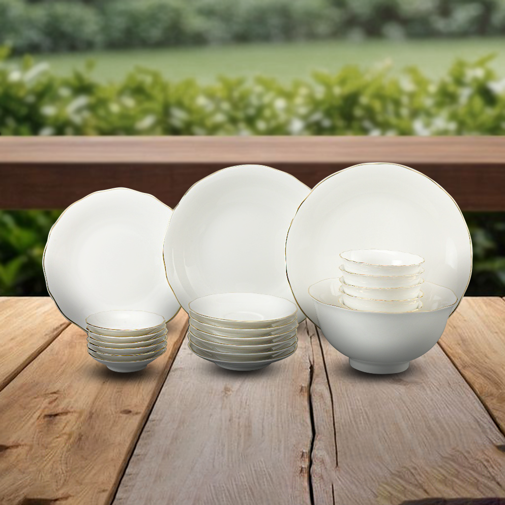 Bộ đồ ăn 22 sản phẩm - Mẫu đơn IFP - Viền Chỉ Vàng
