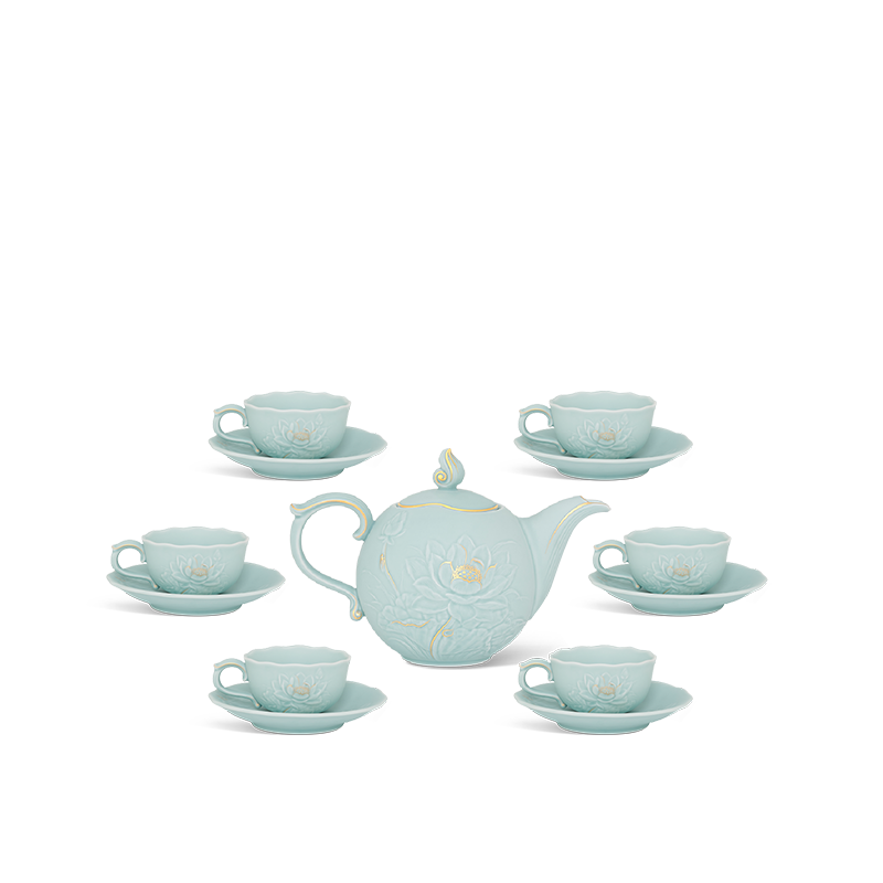 Bộ trà 0.7 L - Sen - Men Ngọc Sương Mờ (Trang Trí Vàng)