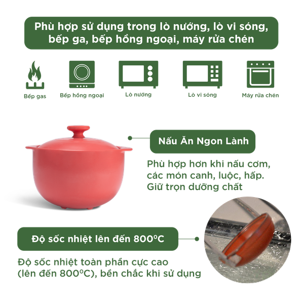 Nồi dưỡng sinh Vesta 1.2 L - 2.0 L - 3.0 L + nắp (CK) - Healthy Cook - Màu Đỏ 2