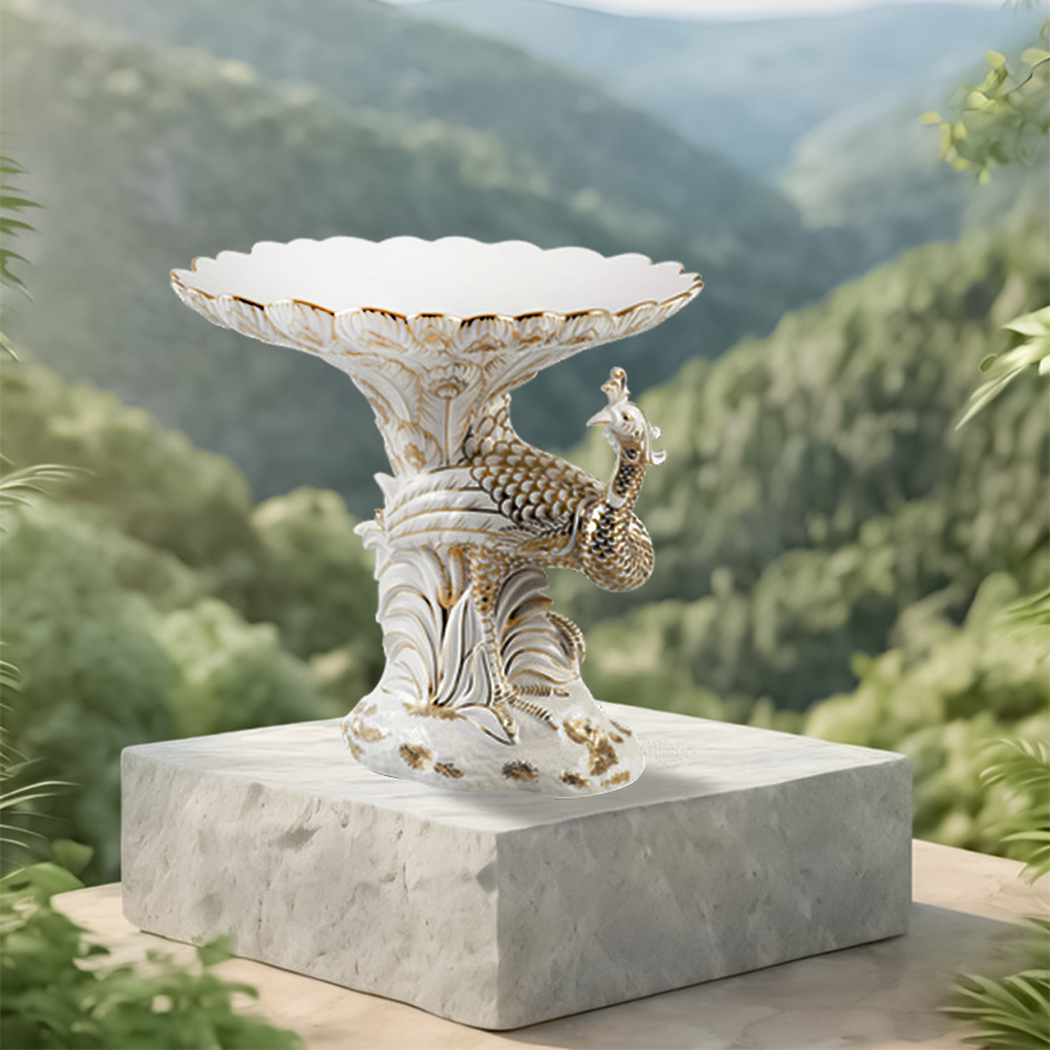 Tô trái cây Khổng Tước (dáng đứng - bên trái) - Vẽ tay - Trắng - Trang Trí Vàng