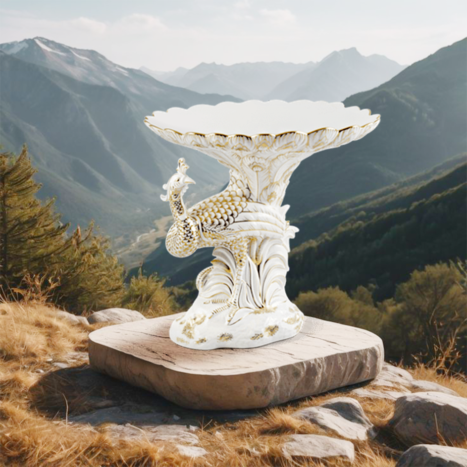 Tô trái cây Khổng Tước (dáng đứng - bên phải) - Vẽ tay - Trắng - Trang Trí Vàng