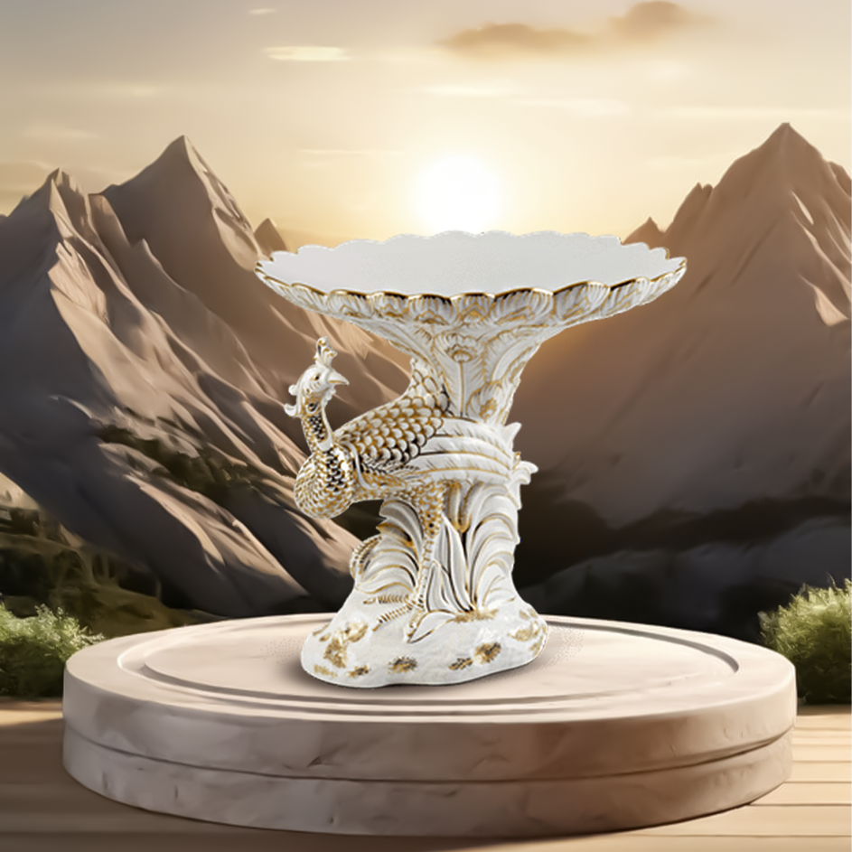 Tô trái cây Khổng Tước (dáng đứng - bên phải) - Vẽ tay - Trắng - Trang Trí Vàng