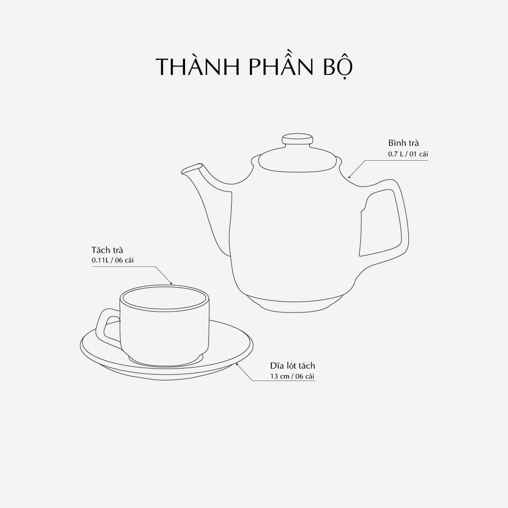 Bộ trà 0.7L - Mẫu đơn IFP - Trắng Ngà