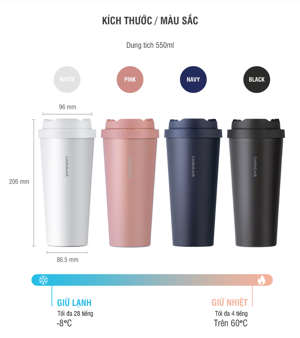 Bình Giữ Nhiệt LocknLock Energetic Tumbler 550ml - 4 màu (Đen, Xanh Navy, Hồng, Trắng) - LHC3249
