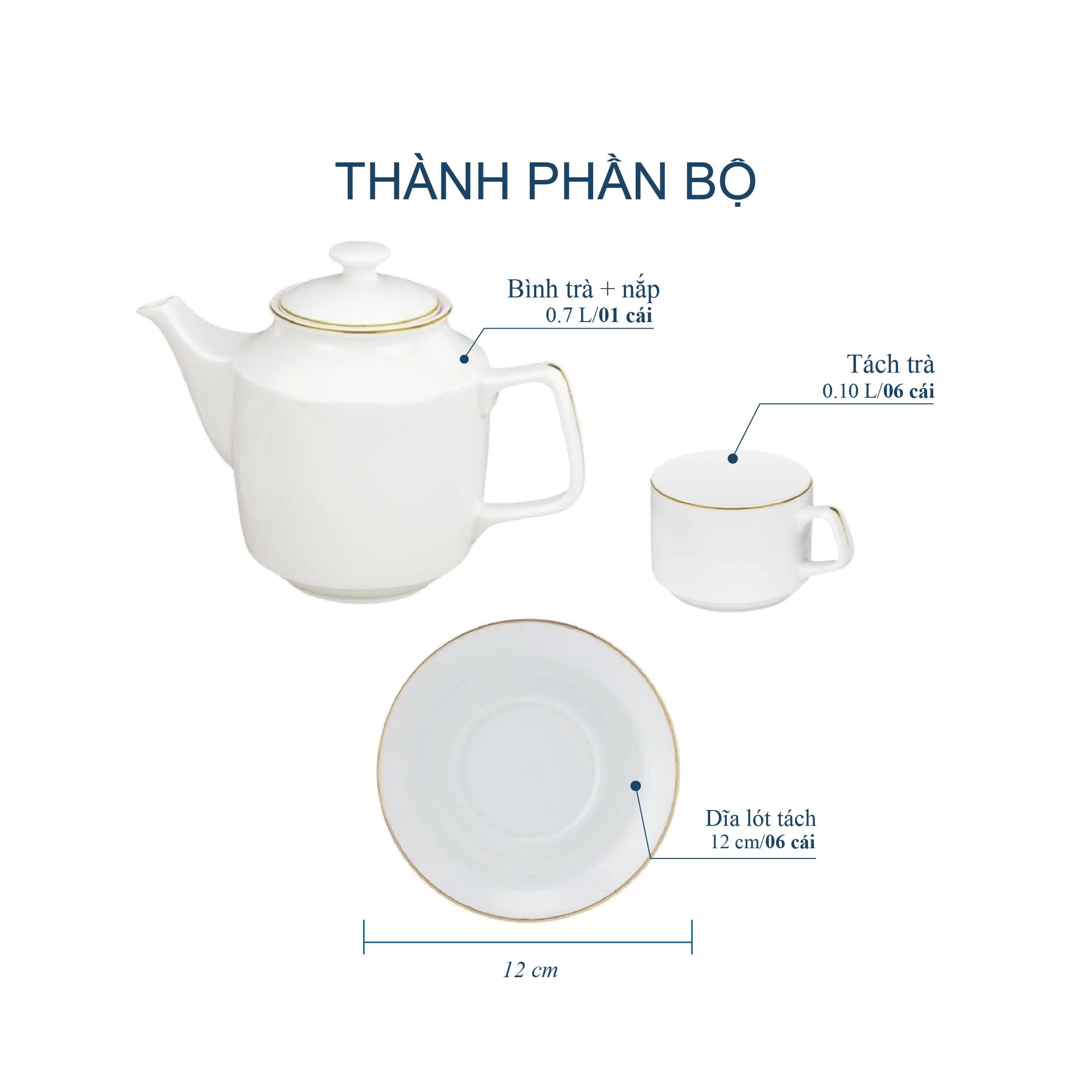Bộ Trà 0.7L – Jasmine – Viền Chỉ Vàng