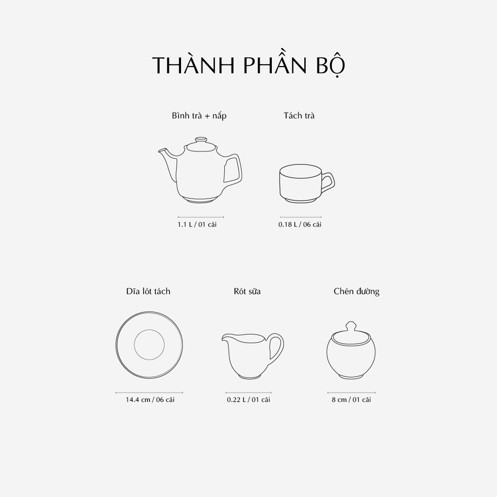 Bộ trà 1.1L - Camellia -  Viền chỉ vàng