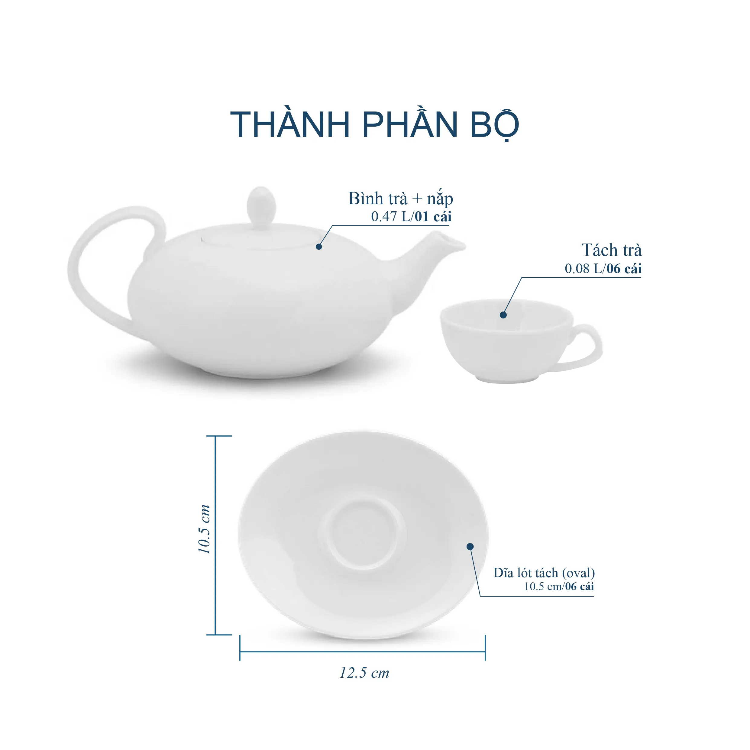 Bộ trà elip 0.47 L - Anna - Trắng Ngà