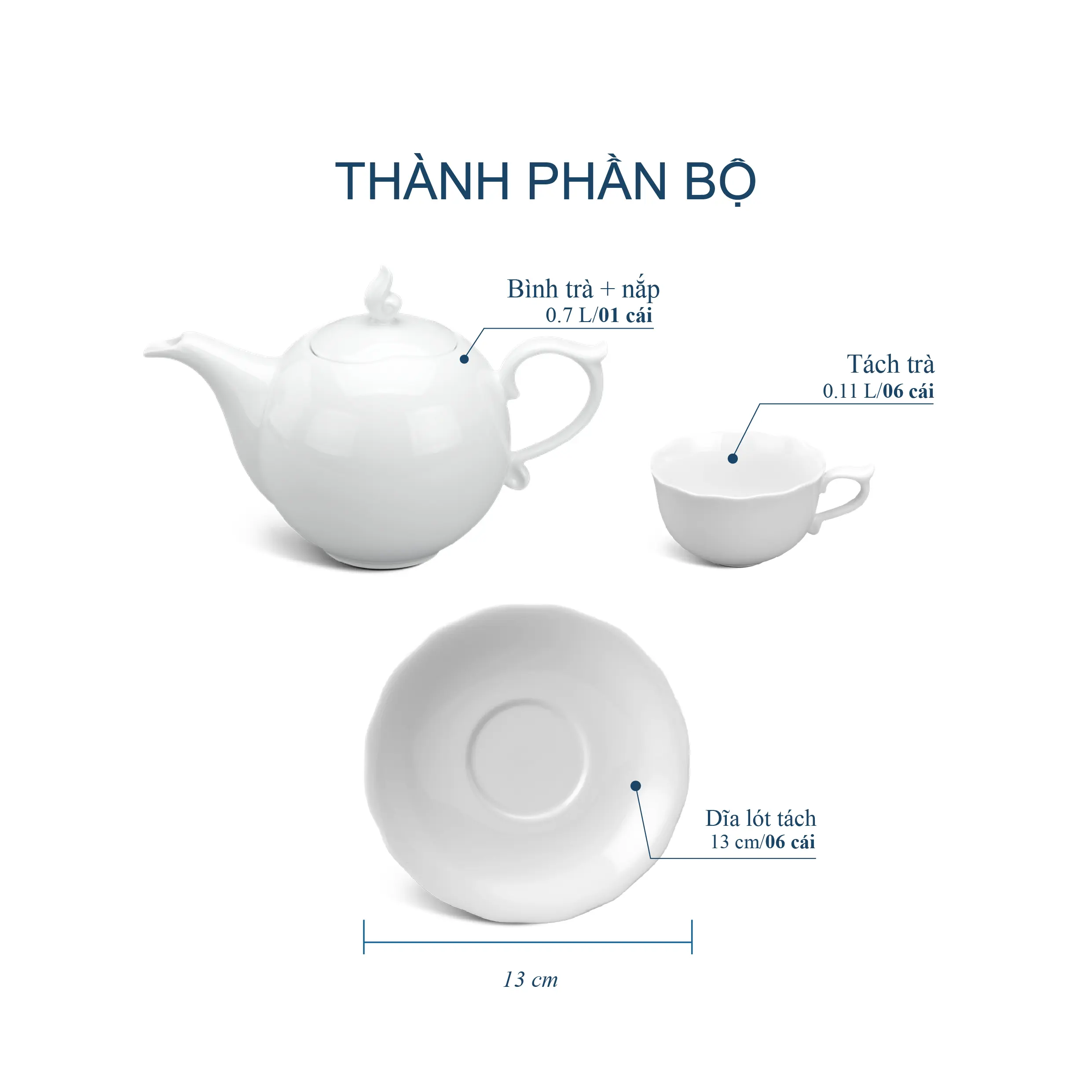 Bộ trà 0.7L - Mẫu đơn Trắng