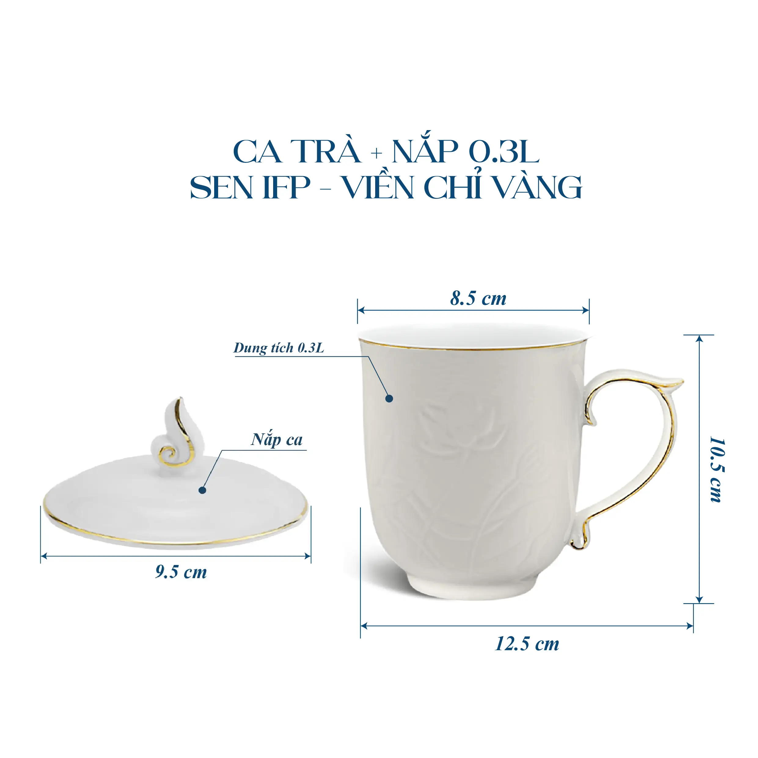 Ca trà 0.30 L + Nắp Sen IFP -  Viền Chỉ Vàng