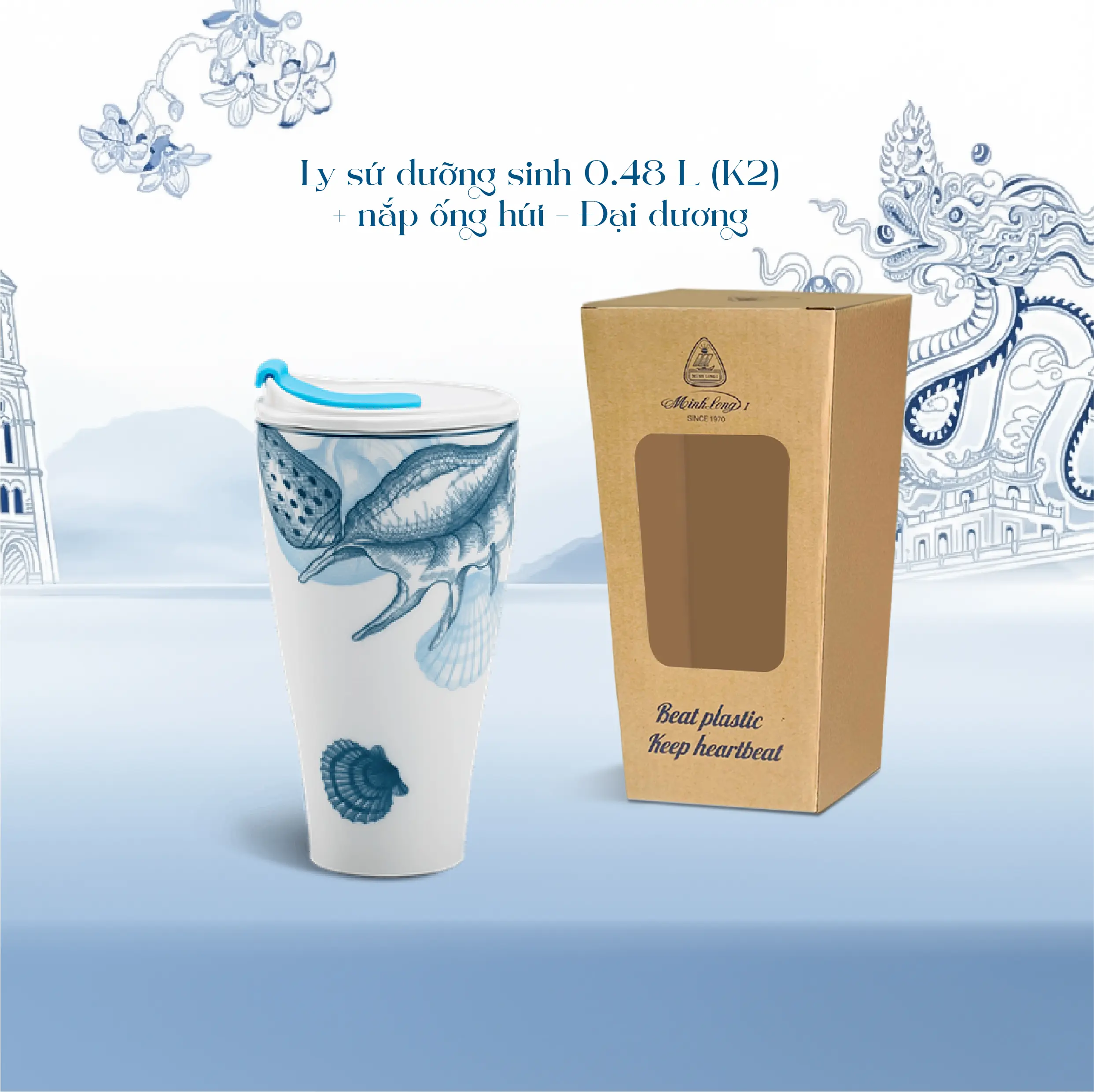 Ly sứ dưỡng sinh 0.48 L (K2) + nắp ống hút - Đại Dương
