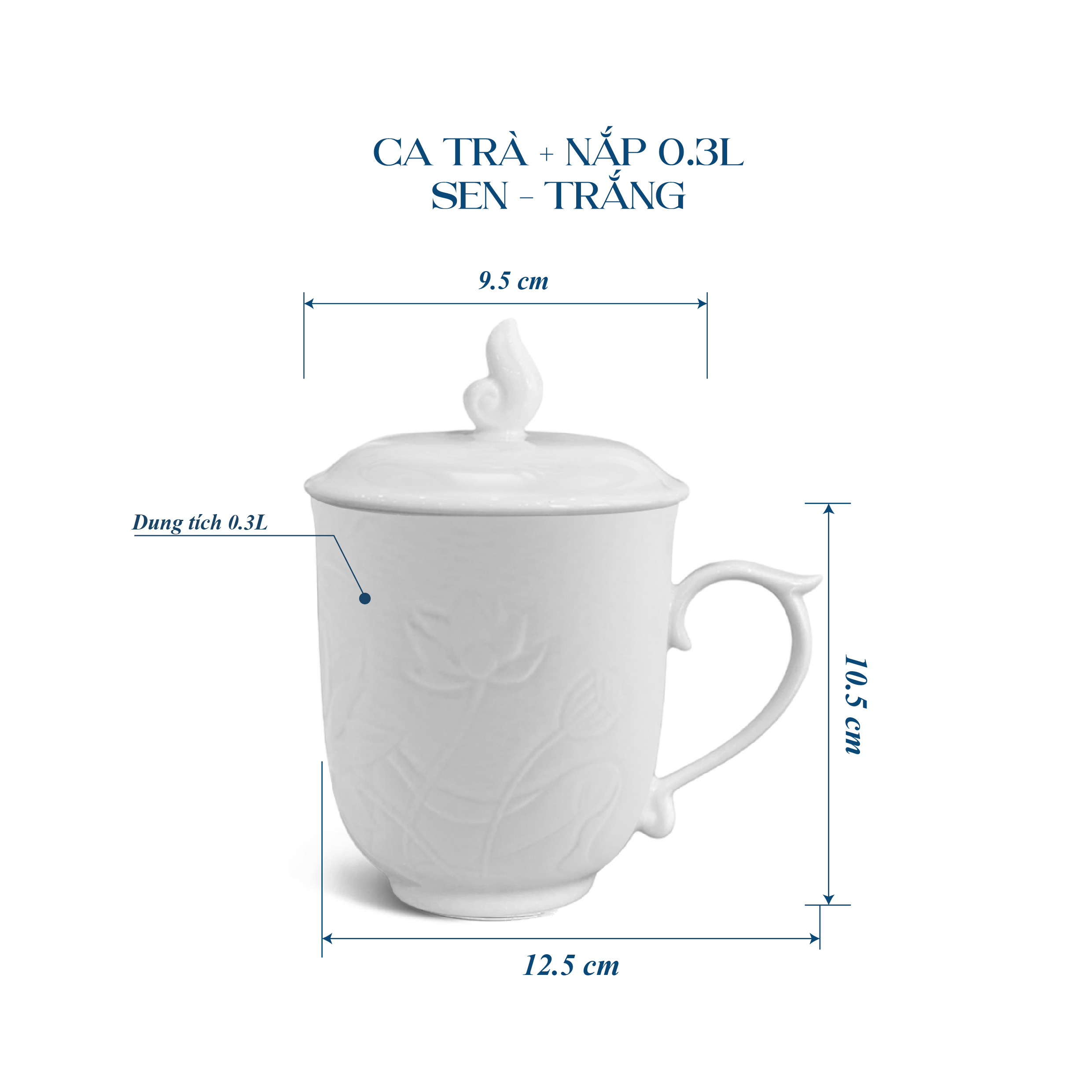 Ca trà 0.30 L + Nắp Sen - Trắng