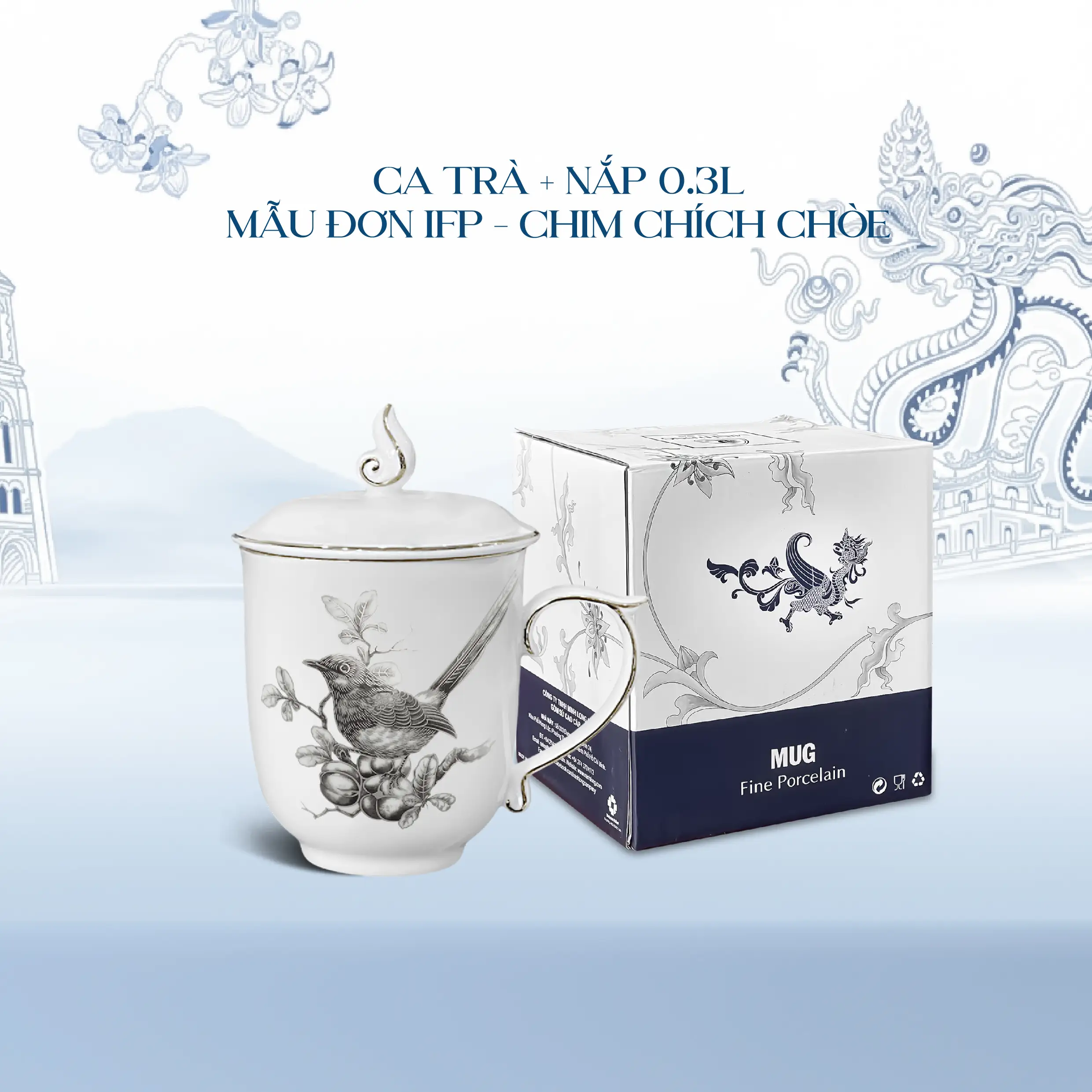 Ca trà 0.30 L + nắp - Mẫu đơn IFP - Chim Chích Chòe